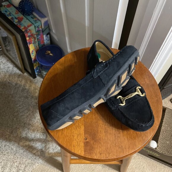 Cynthia Rowley Women's Blue Suede Seeker Loafers with Gold Buckle - Size 8 - Picture 3 of 5